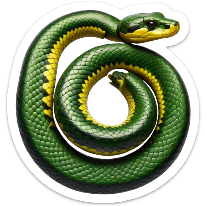 A photo-realistic top-down view of a Green Anaconda tightly coiled in a spiral, with its broad, flat head resting at the center. Its thick, muscular body is olive-green and covered in symmetrical, bold black oval spots that stand out against its smooth scales, creating striking natural camouflage. sticker