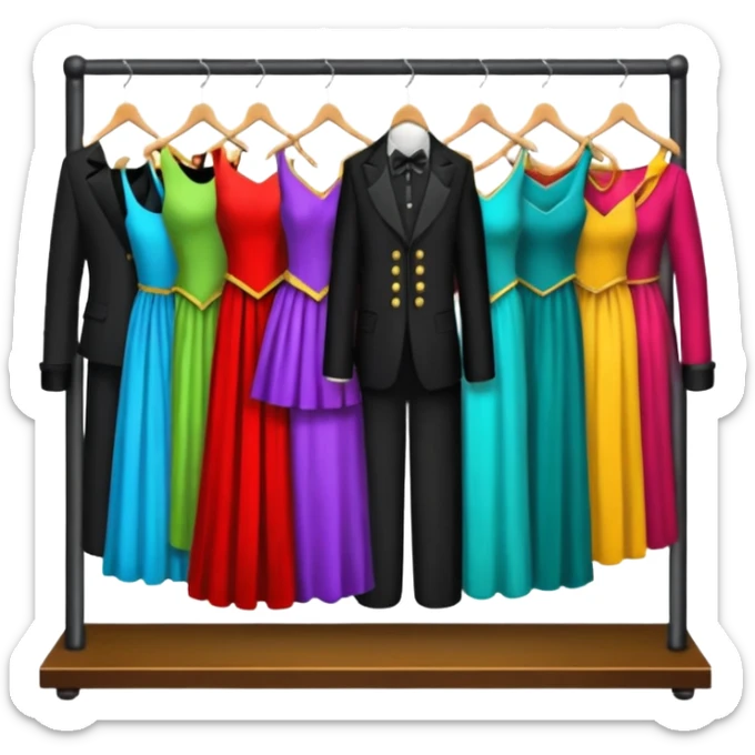create a series of images for Theatre costumes Inventory showing a rack of costumes ready for performance sticker