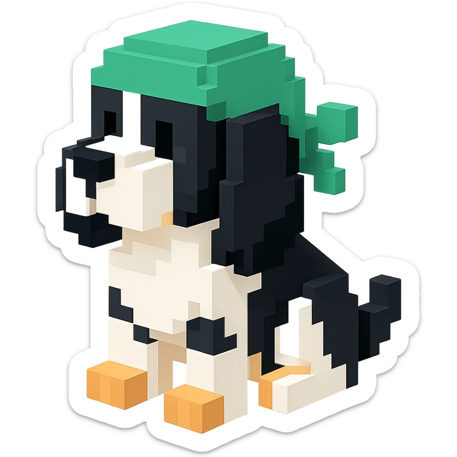 A black and white Russian Cocker Spaniel puppy wearing a green durag, facing left sticker