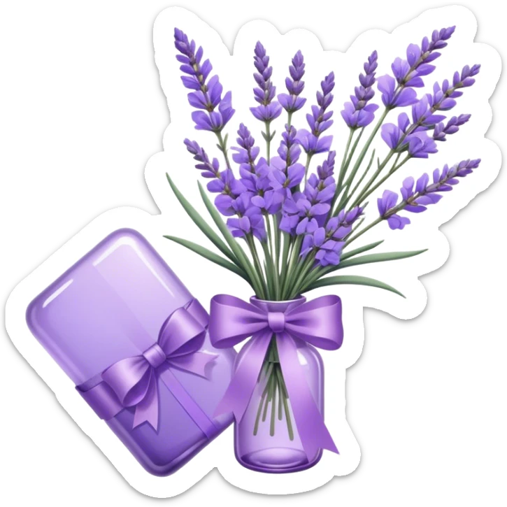 aesthetic bow in light purple , purple glass bottle and in it a beautiful bouquet of lavender sticker