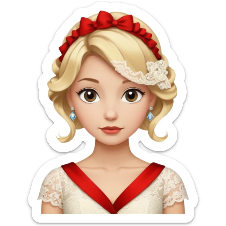 young elegant lady, wavy blonde hair in a low bun, lace dress, diamond studs, poised look sticker