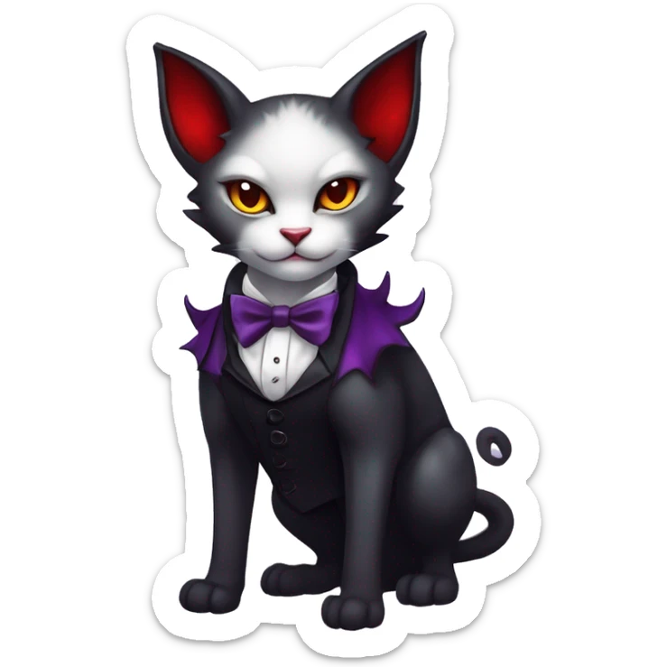 Cute-Evil-Vampiric-Batty-Cat-Black-Purple-Red-Yellow-Contrast-Colors-Fantasy-Fur-Sona-Chibi-Shiny-Fakémon-Hybrid with horns and big fangs neck bow white tie leg spats full body sticker