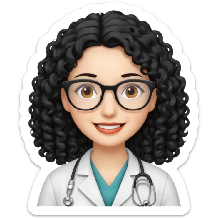 smiling doctor woman, brown eyes, white skin,  long black curly hair with glasses sticker
