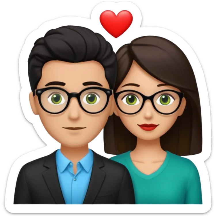 haz una pareja abrazandose, donde la mujer es de piel morena peli negra ojos cafes sin accesorios, y donde el hombre es piel blanca, pelo rubio, ojos verdes con lentes arriba de ellos haya un corazon azul sticker