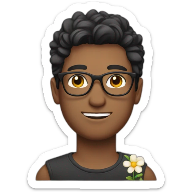 dark hair up guy with glasses and dark t-shirt with flowers print sticker