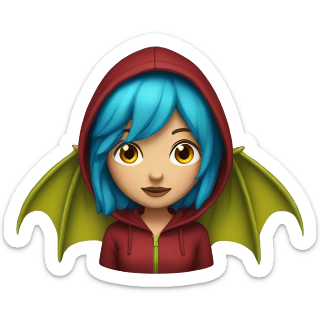 Lady with brunette and blue hair, gold, green dragon wings, maroon hoodie, and bright red eyes sticker
