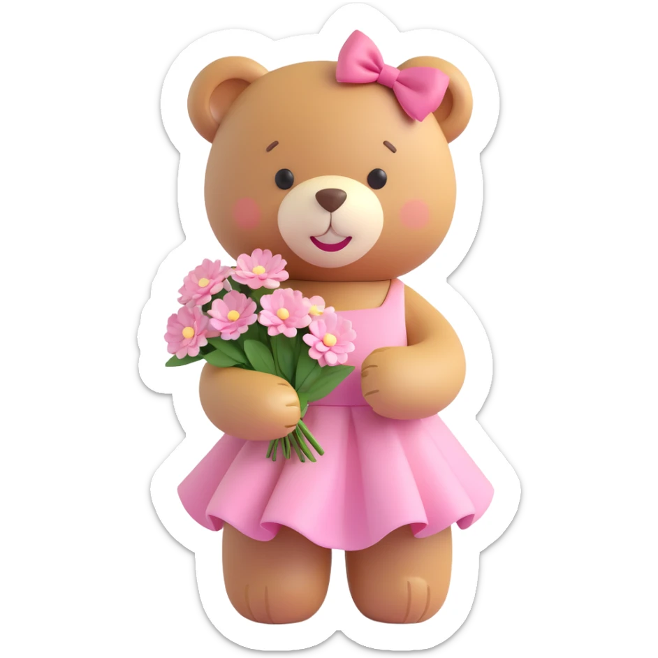 A cute teddy bear with a pink bow on its head, holding a bouquet of white flowers, in a 3D iOS Disney style, with a soft pink background and hearts floating around, wearing a pink dress, a big smile, and a cute blush on its cheeks. sticker
