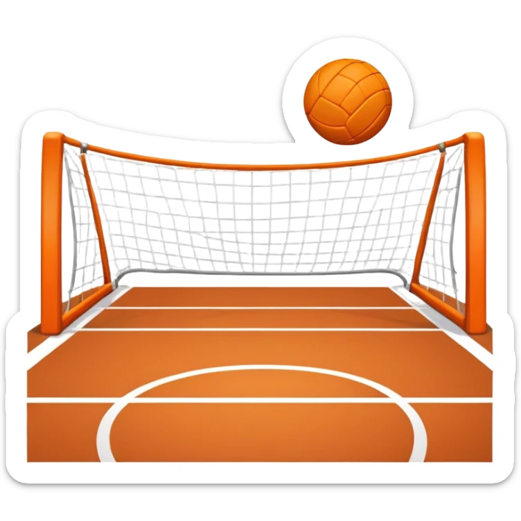 A handball on the court, with the goalposts in the background. The scene captures the ball mid-flight as it heads toward the goal, emphasizing the dynamic and fast-paced nature of the game, with clear court lines and a sense of movement in the air. sticker