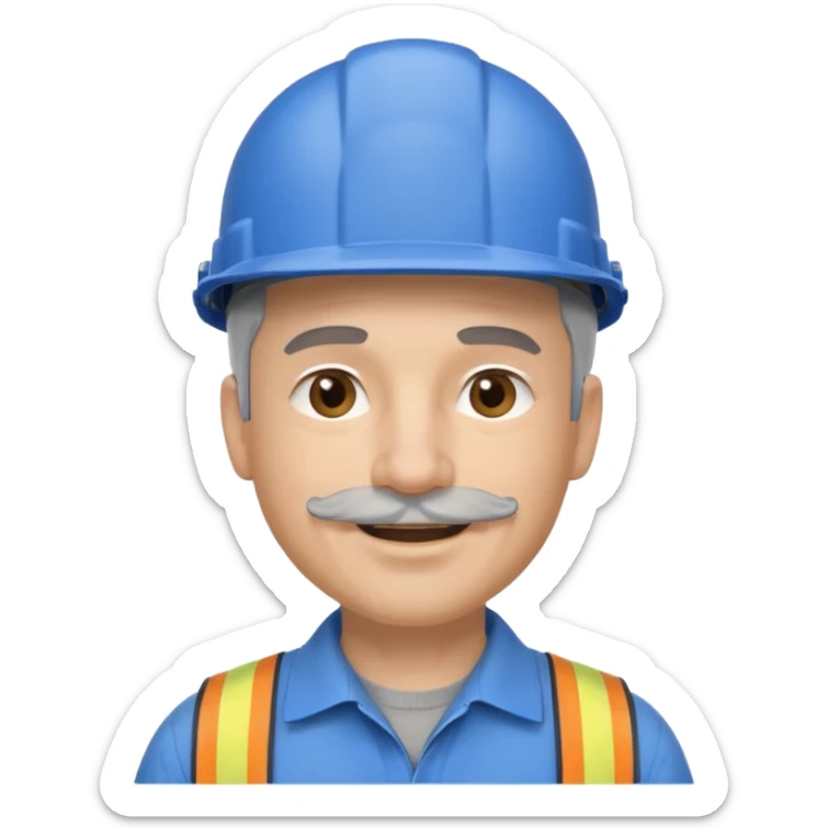 A man emoji with light skin, wearing a blue construction helmet, short gray hair on the sides, straight eyebrows, brown eyes, a small nose, and a thin short straight gray mustache above his smiling mouth. sticker