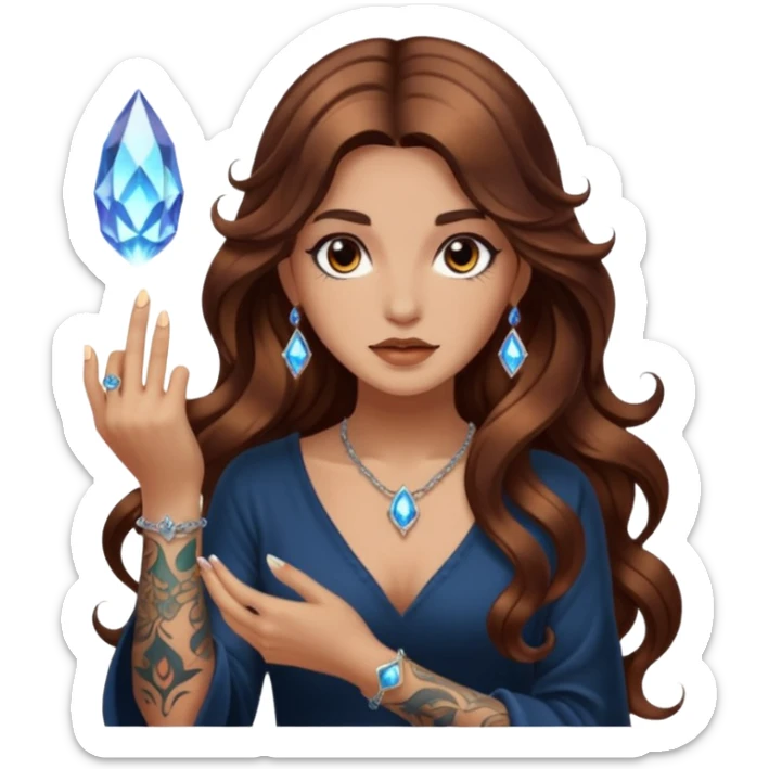 mystic woman long wavy brown hair tattoos lighting crystal with fingertip sticker