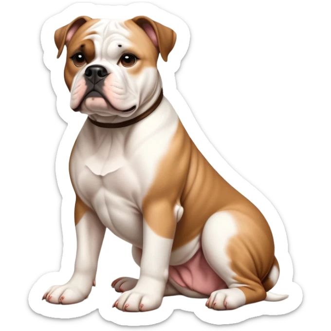cinematic-[american bulldog]-realistic-full-body-sitting-emoji,-tail-resting-loosely-beside-its-paws,-head-tilted-dramatically,-sleek-[brown fawn]-fur,-simplified-yet-realistic-focused-features,-highly-detailed,-glowing-with-an-almost-sarcastic-glow sticker