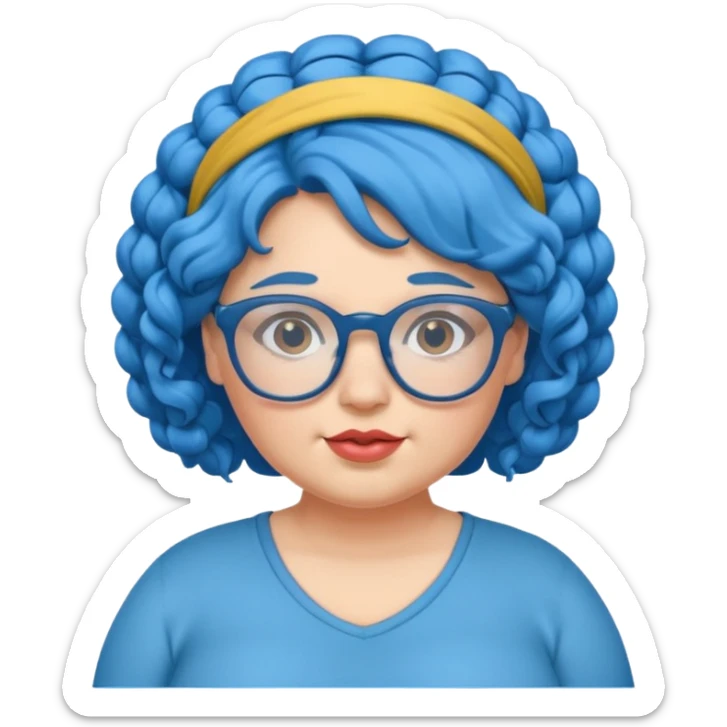 curly fat woman with blue hair and glassess and headband sticker