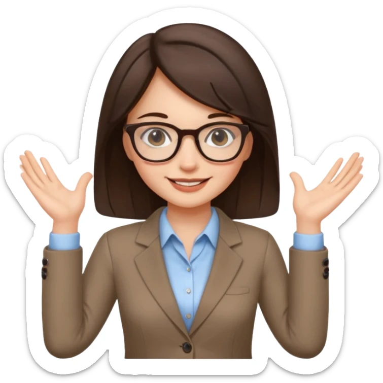 a cute brunette girl in a business casual attire  wearing glasses  with two hands  sticker