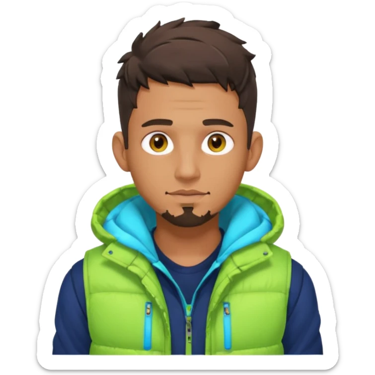 Cyberpunk street adult, hispanic, male, messy undercut, puffer vest over hoodie, glowing earpiece, light stubble, brown eyes, neon reflections, headshot sticker