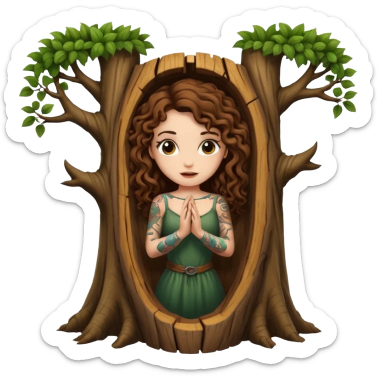 woman with long curly brown hair, brown eyes, white skin, tattoos, opening a tree trunk like a secret door portal sticker