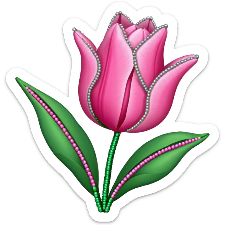 french beaded pink tulip flower with 2 leaves, handmade with glass beads, no background sticker