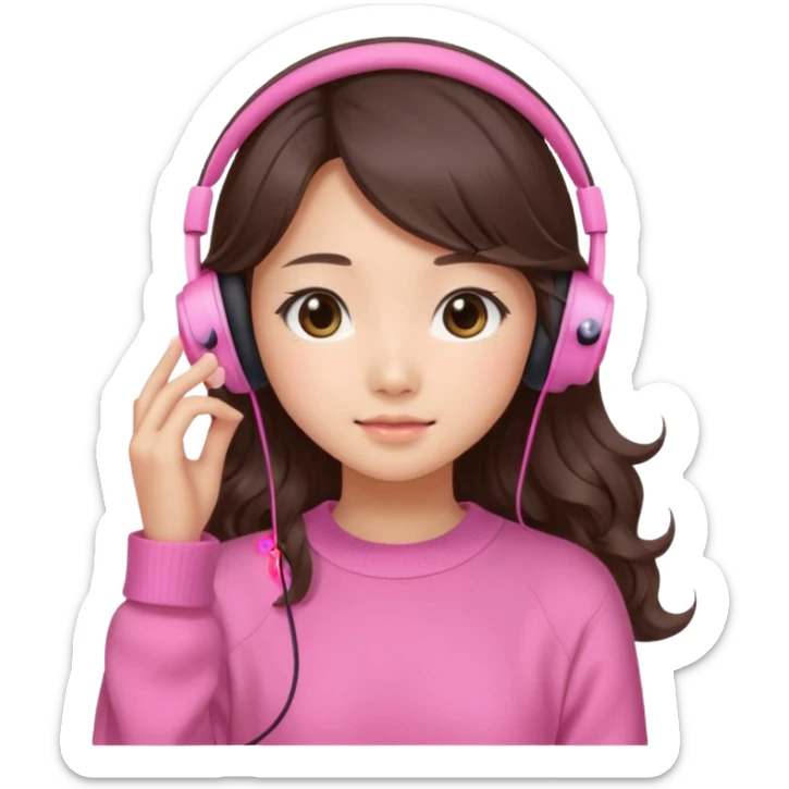a asian japanese girl with wavy long silky brown hair and no bangs. she has a cute pink gaming headphones. she is wearing a cute pink sweater  sticker