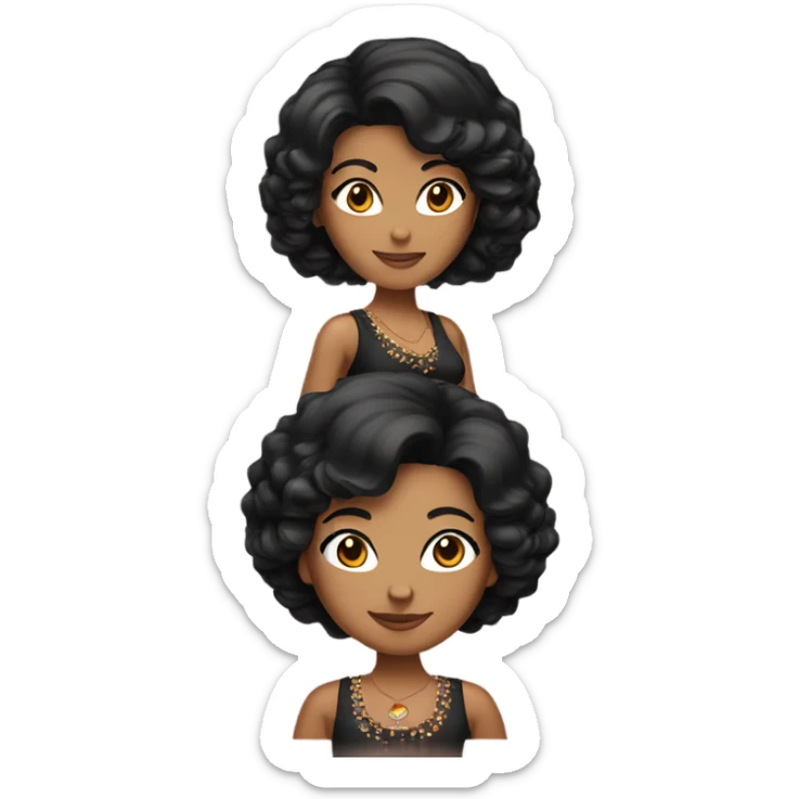 Tanned woman with black hair wearing 1970s style outfit and hair sticker