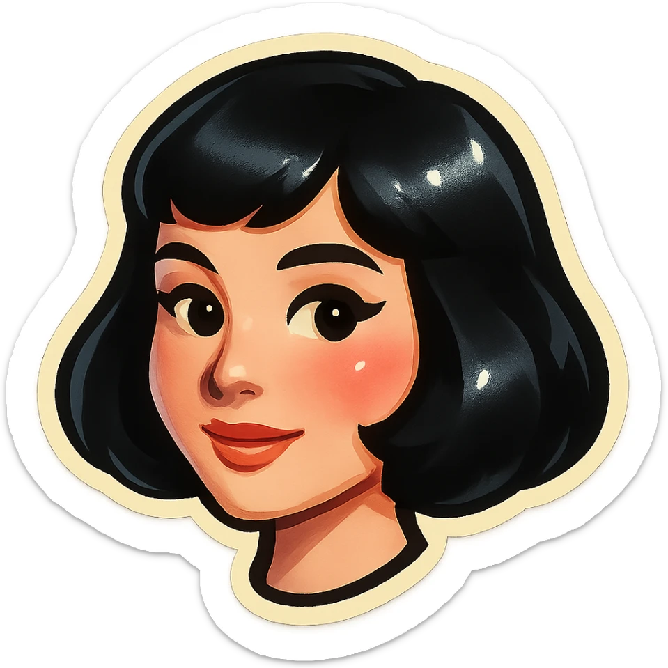 cute and attractive girl with pale skin, black bob haircut, light makeup, expressive lips, light blush, Telegram sticker style, head only without neck, white background sticker