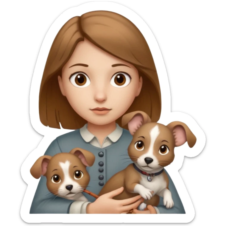 girl with brown eyes and light brown hair holding an Andalusian rat-catcher dog sticker