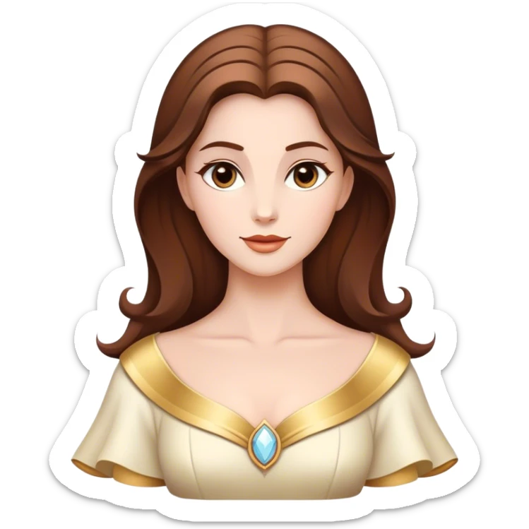 Cinematic Majestic Belle Portrait Emoji, rendered in a clean, vector-style with bold, simplified shapes. Show Belle with a serene, noble expression, fair skin and gracefully styled brown hair, her classic attire refined and understated. The design radiates a majestic, enchanting glow with high shine and a soft glowing outline, embodying royal elegance. sticker