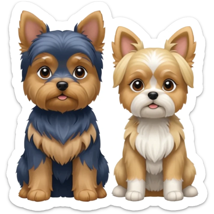 Generate a blue and tan purebred yorkie with a blonde shi tzu yorkie mix with floppy ears sitting next to each other. Make them the same soze sticker