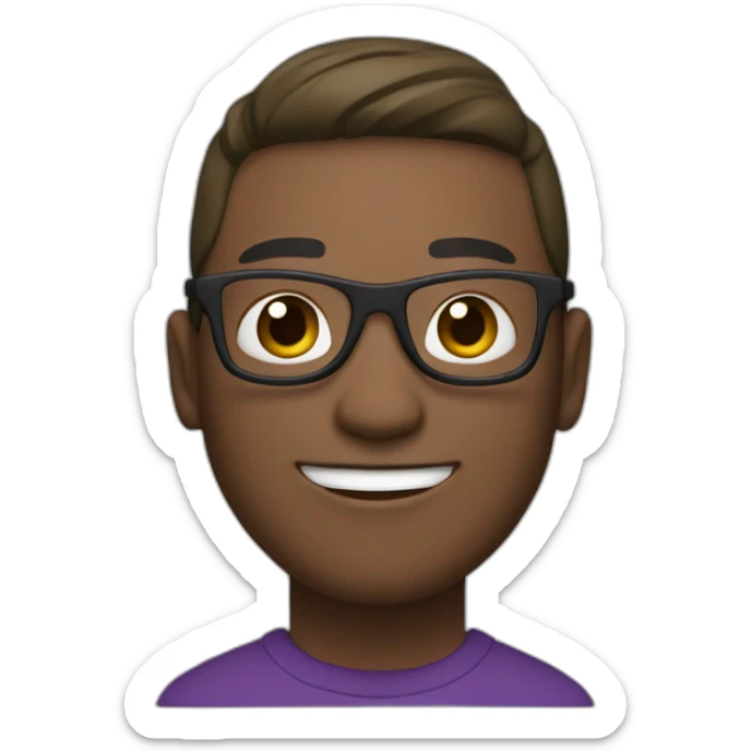 a smiling guy with purple glasses, a purple hoodie, black pants, brown and white shoes, a green cap surrounding his head (except his face) and   sticker