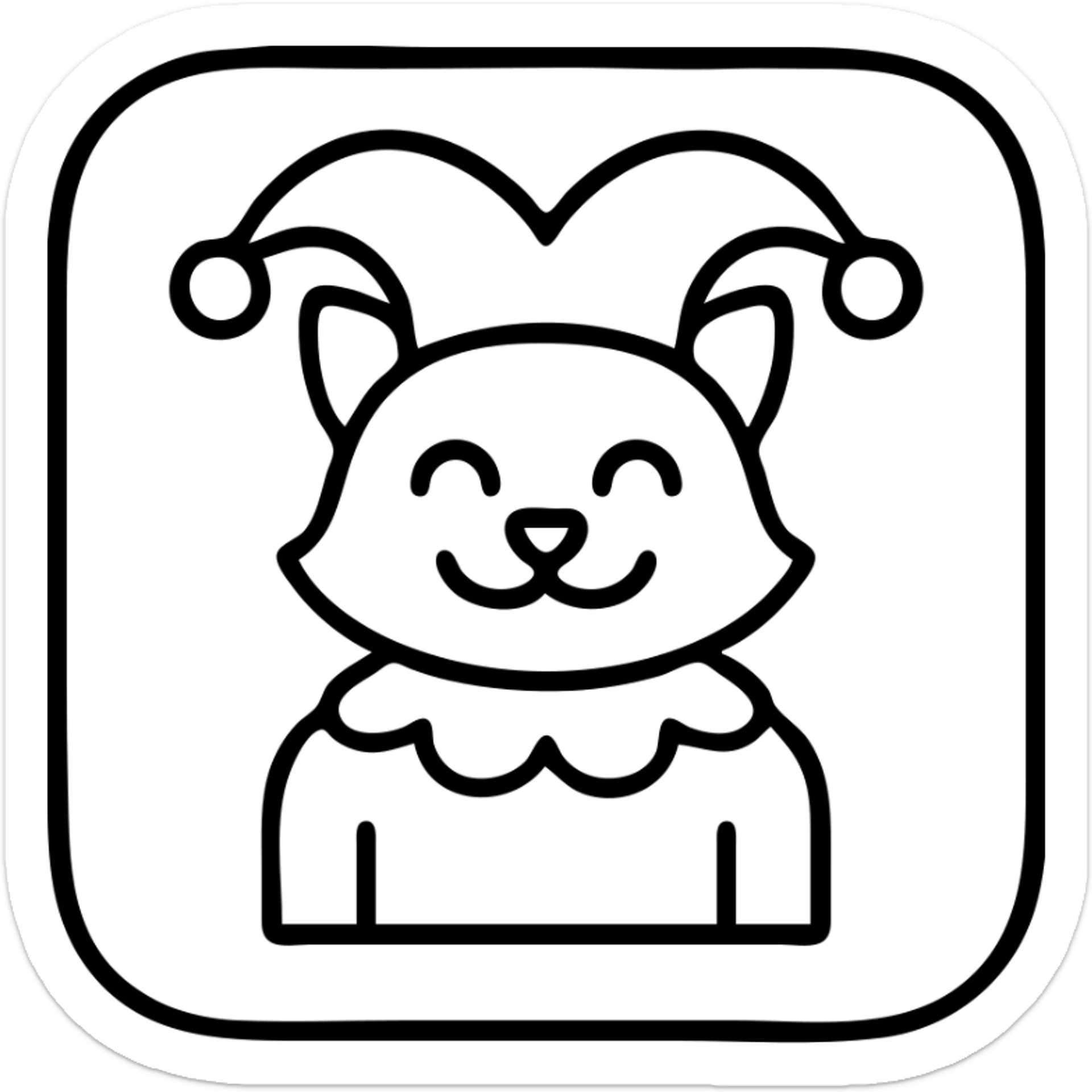 crazy cute little cat jolly joker from poker, medieval, vintage, court jester, mac os icon, purple, gold and red color, head + torso. Squared shape as 3D mac os system icon, symmetrical sticker