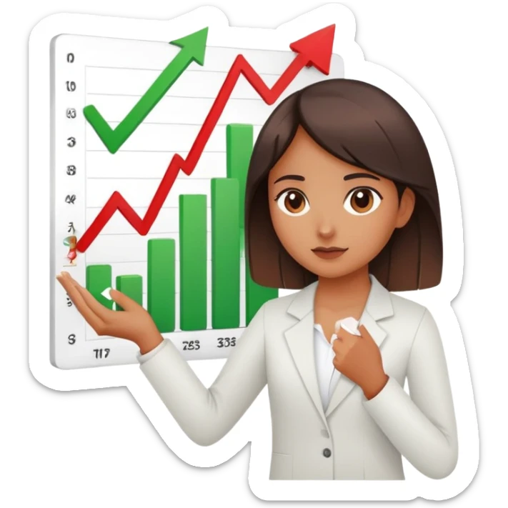 Girl holding chart with rising green graph line in right hand and holding another chart with falling red graph line in left hand sticker