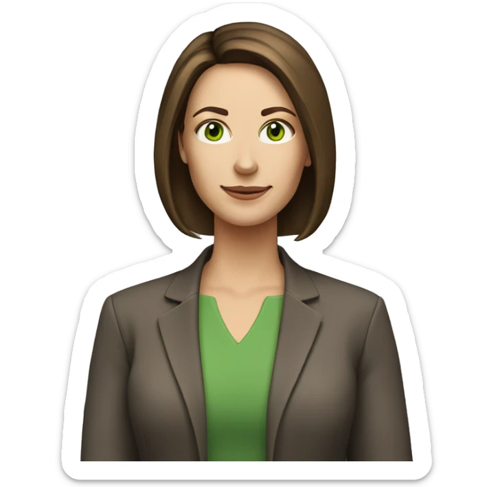 pretty middle age woman with green eyes and shoulder length straight brown hair at work sticker