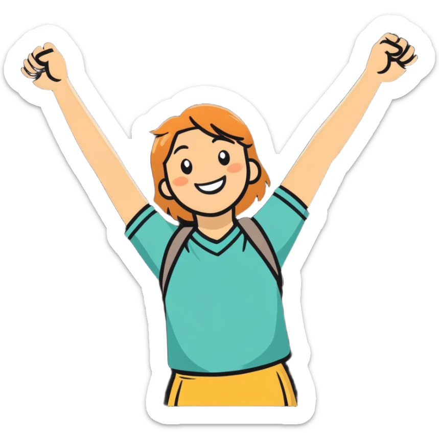 college student smiling in front of a laptop, arms raised in a hooray position, sticker style sticker