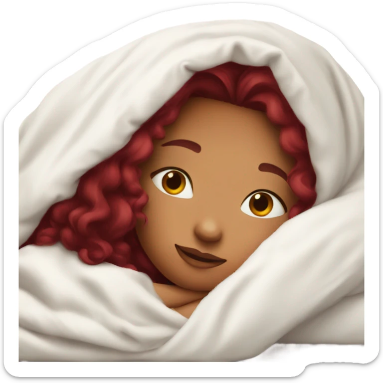 Girl with burgundy hair  laying down cozy in a white blanket sticker