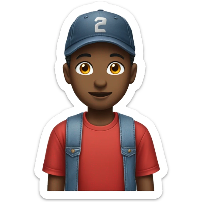 Head shot of African American Boy

Clothing: Wearing a red t-shirt with denim overalls, white sneakers, and a baseball cap turned backward sticker