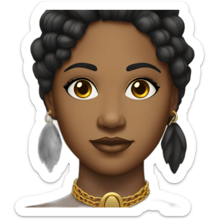 A Black woman black hair brown eyes with gold necklace with ankh sticker