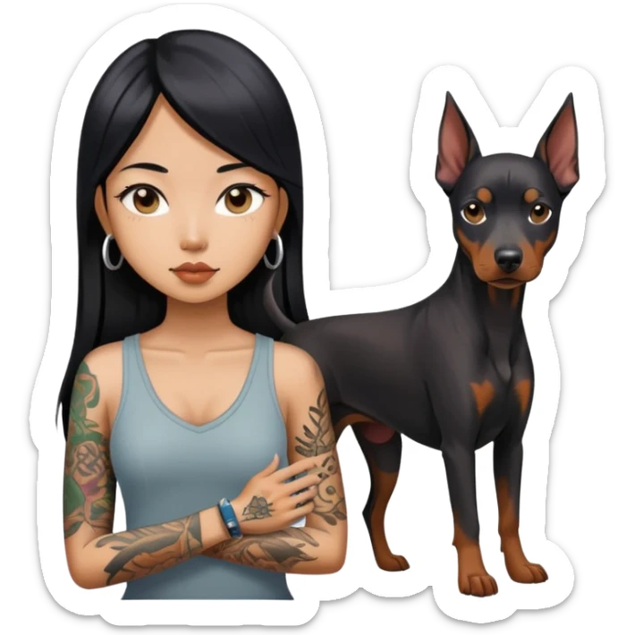 a asiatice girl with long black  straight hair and tattoos and Doberman Pinscher sticker