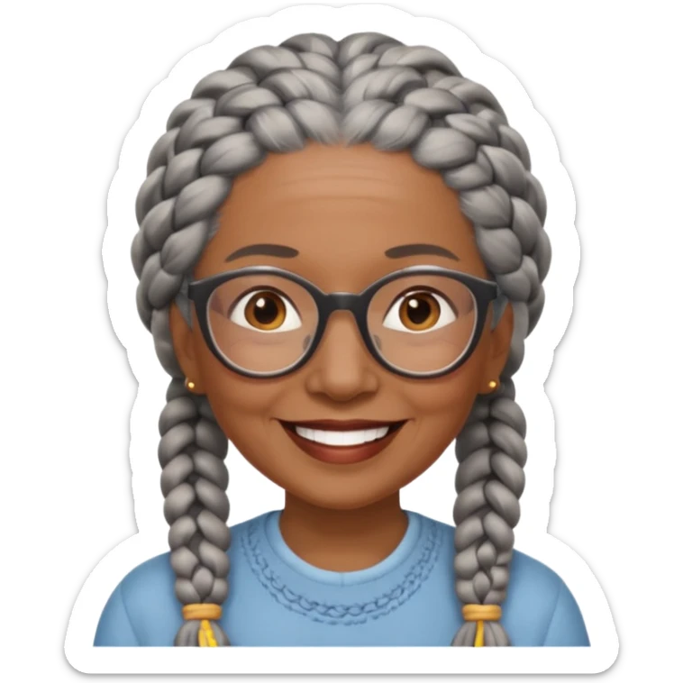 Older woman of color with gray braids, glasses and smiling sticker