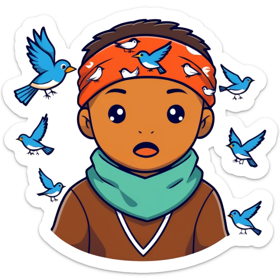 Niño color café con un pañuelo en la boca y con pájaros volando en si cabeza sticker