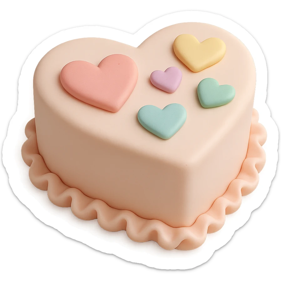 heart-shaped fondant cake with pastel fondant hearts, fondant cake art style sticker