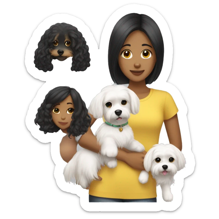 black hair, yellow skin, middle hair length Girl mwith maltese dog sticker