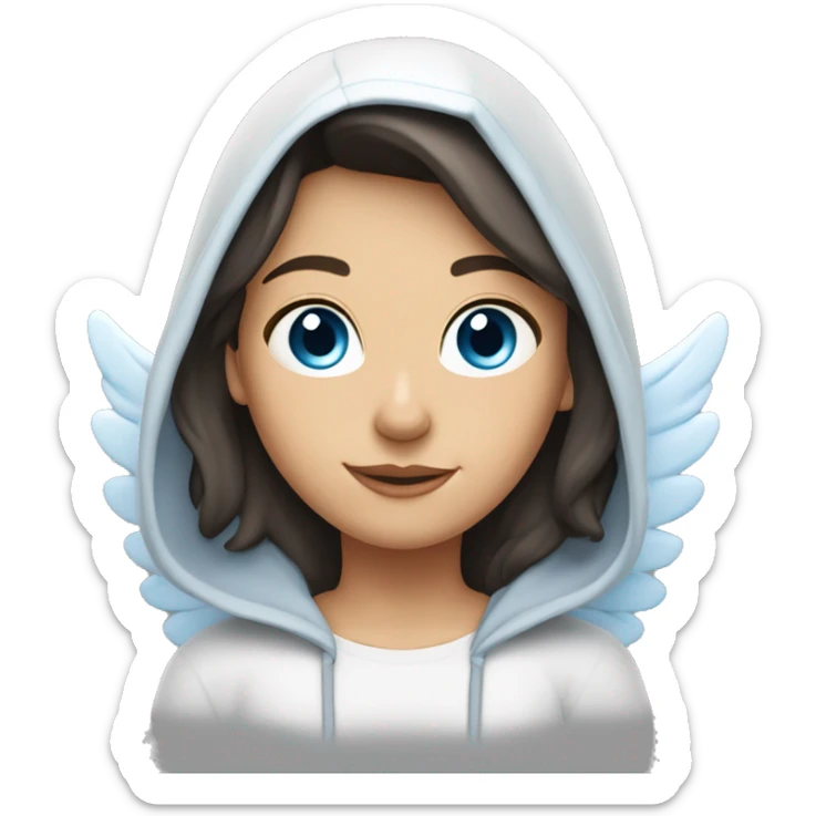 Caucasian dark haired female Angel with blue eyes and dimples wearing a hoodie with wings and a halo over her head sticker