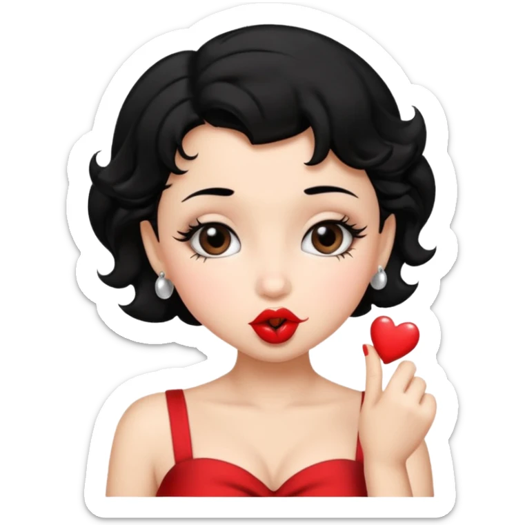 Do not change the face I already created, I want her with Betty boop face and black hair sending a kiss sticker