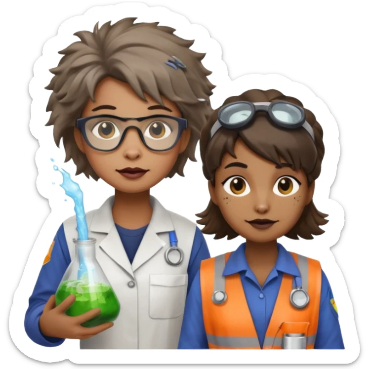 an otter disguised as a woman garbage collector next to a man mad scientist sticker