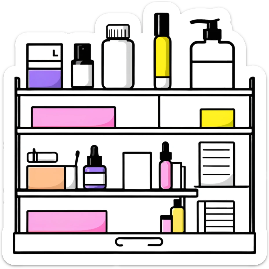 big long white shelf with one serum bottle labeled beauty brand and big sticky note next to it sticker