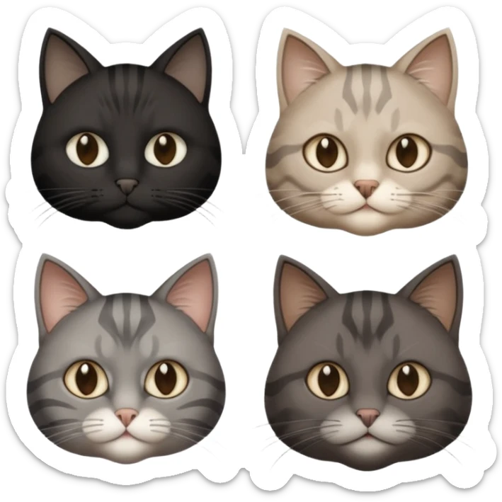 gatto nero con muso zona naso bianco (ricorda la maschera di batman), gatto siberiano grigio e beige mescolato, gatto grigio chiaro con qualche striatura grigio scura, gatto marrone con macchie beige sticker