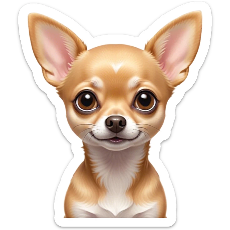 Cinematic Cute Fawn Short Haired Chihuahua Portrait Emoji, Head tilted playfully and inquisitively, smooth fawn fur with a healthy sheen, round, sparkling dark eyes filled with curiosity, Simplified yet irresistibly adorable features, highly detailed, glowing with a warm, friendly glow, high shine, affectionate and lively, stylized with a touch of whimsy, bright and endearing, soft glowing outline, capturing the essence of a mischievous yet loving pup, so playful it feels like it could bound out of the screen and into your arms! sticker