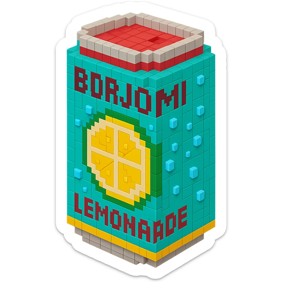 Borjomi lemonade can with a refreshing design, featuring a lemon slice and condensation droplets sticker