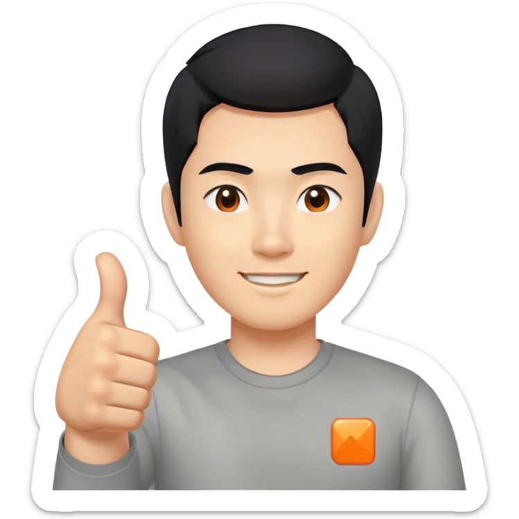 Thumbs up, but with black hair representing an asian man. Grey shirt, with a small orange square as a logo sticker