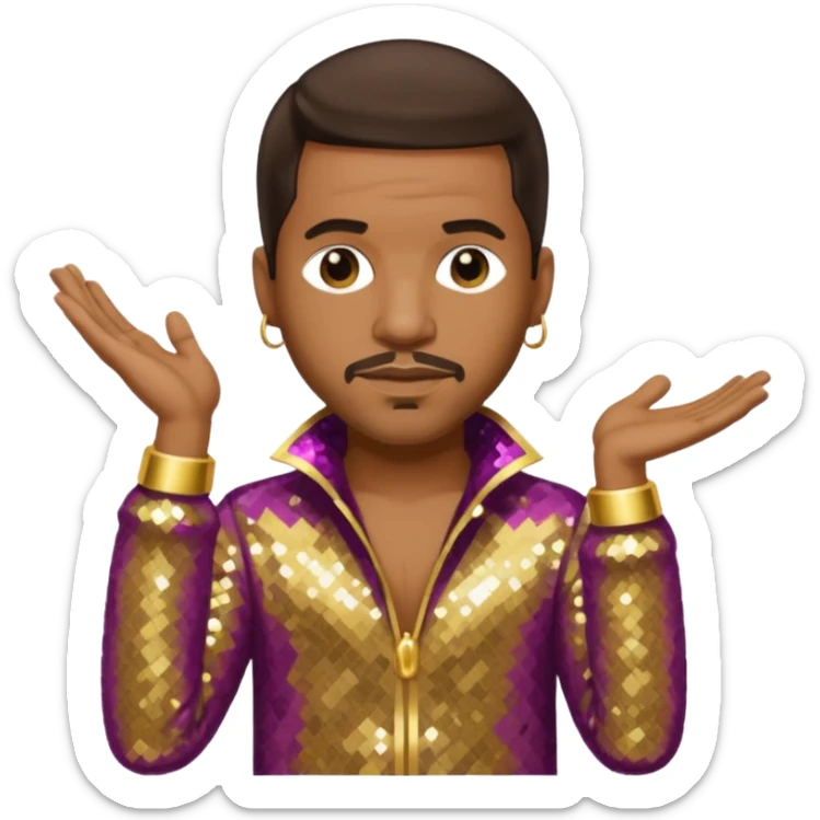 Stevie J, Record Producer with dark brown hair, gold outfit sticker