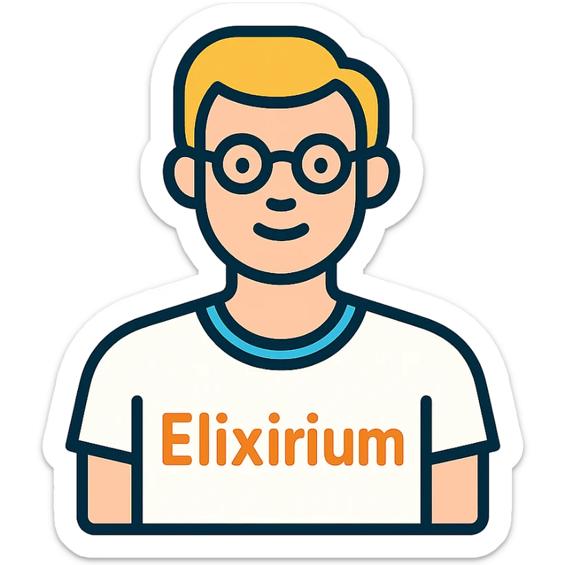 man wearing white t-shirt with the word 'Elixirium' written on the t-shirt, colorful outline icon style sticker