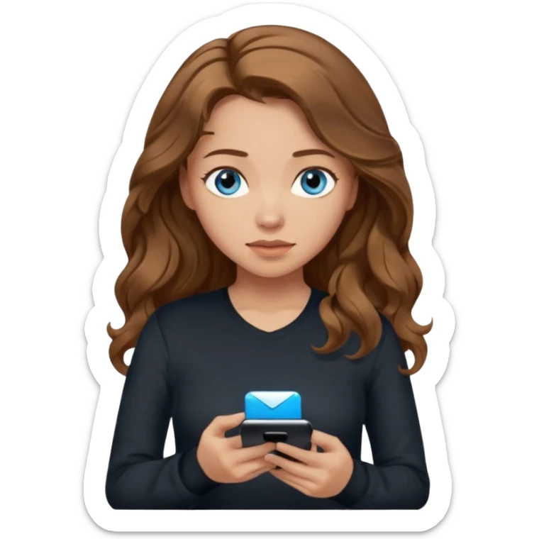 generate a pretty woman with blue eyes, light skin and medium brown long wavyshiny hair holding a phone she is looking at the phone while looking down at the screen. she is wearing an ALL black long sleeve sticker